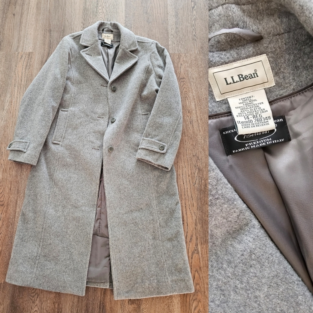 Vintage L.L. Bean 100% Wool Long Full Length Trench Coat 14 Regular